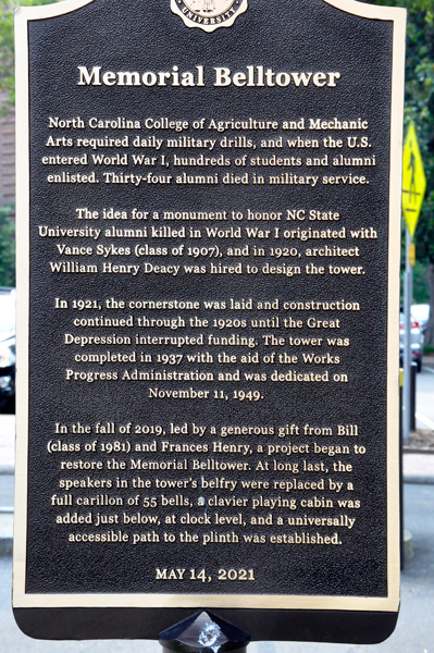 Memorial Belltower plaque - side 1
